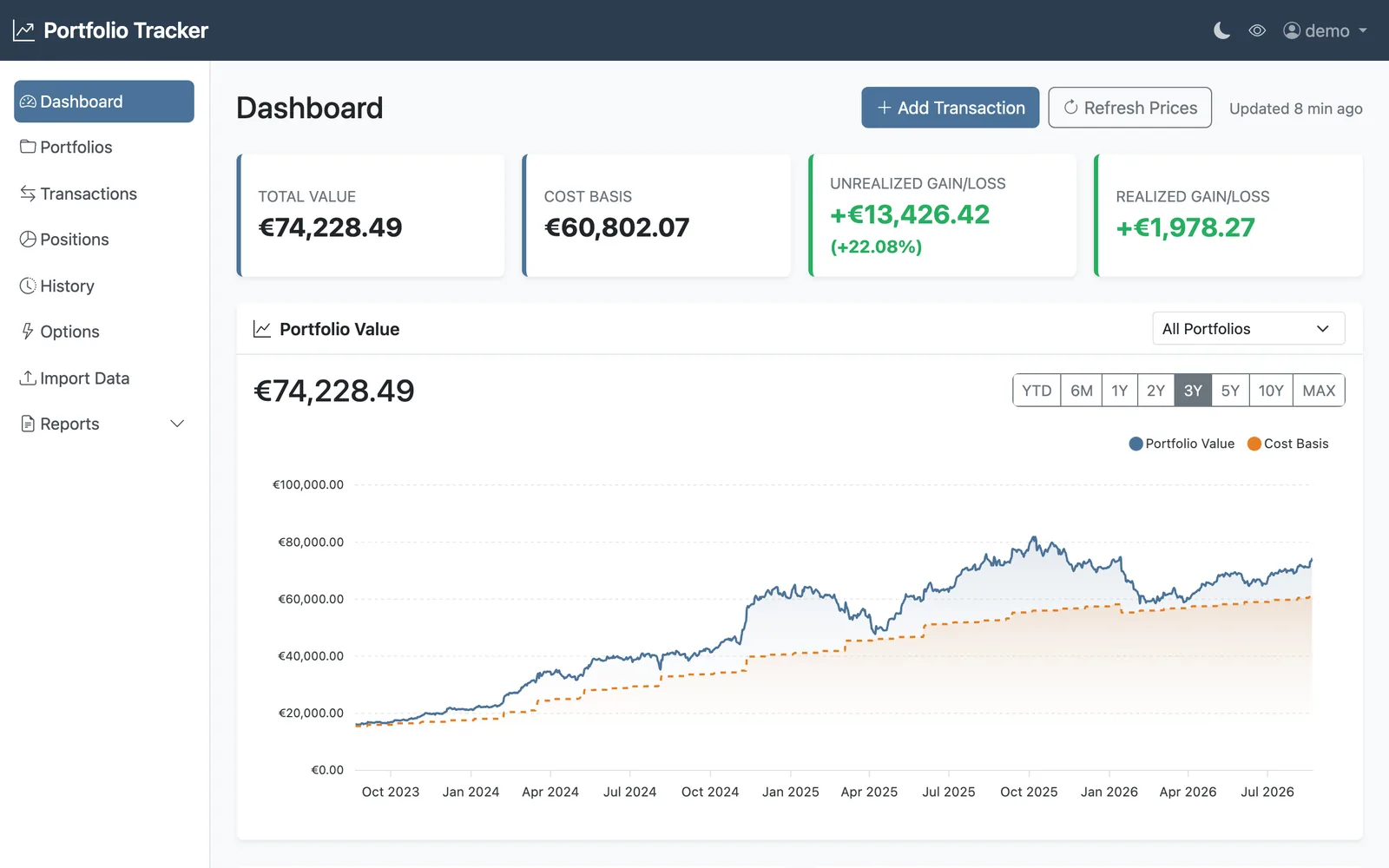 Portfolio Tracker dashboard: total value, gains and a three-year portfolio value chart