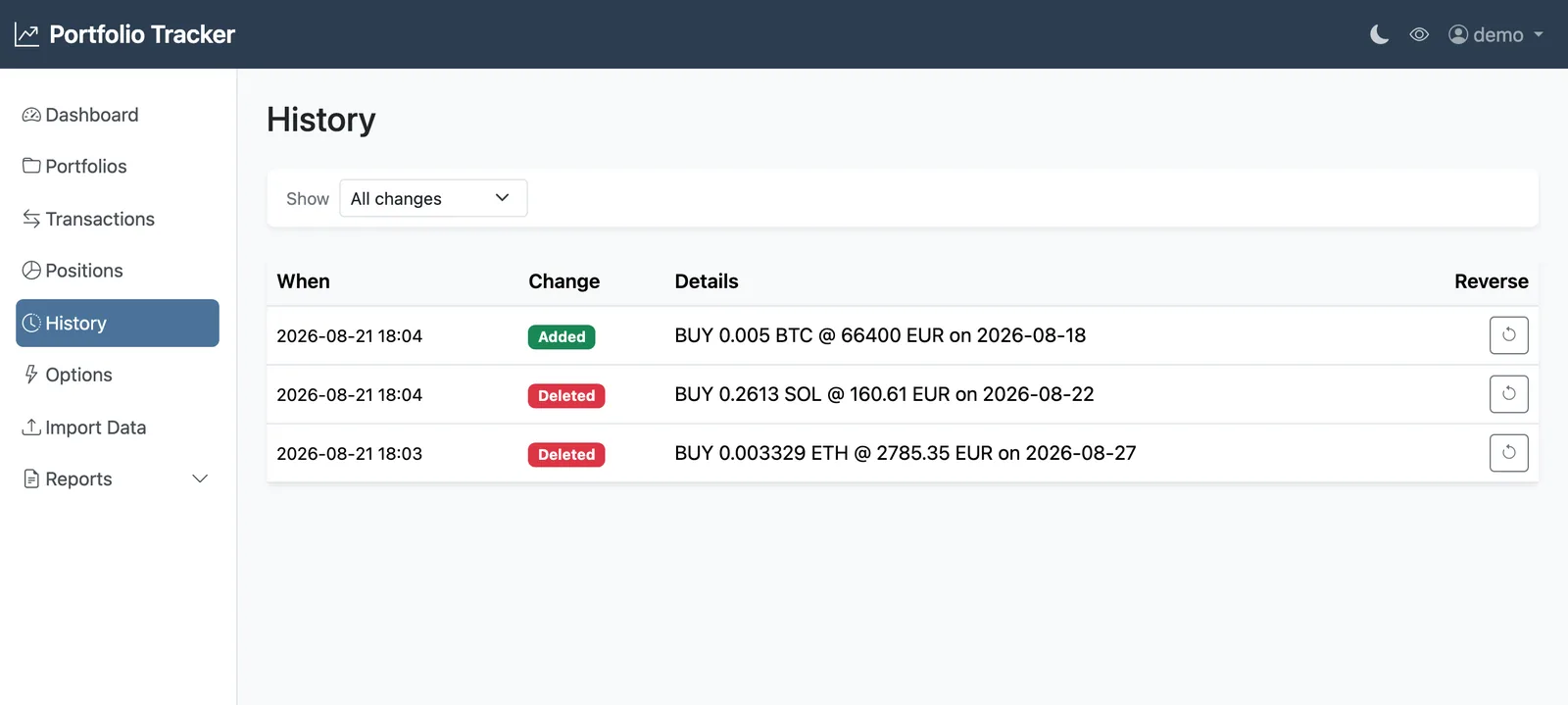 History page with added and deleted entries and reverse buttons