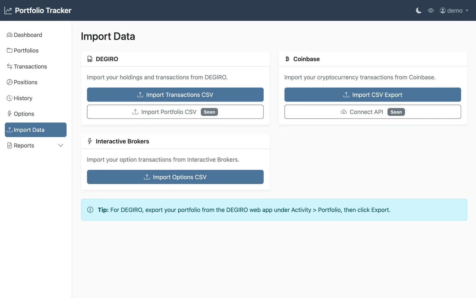 Import screen with DEGIRO, Coinbase and Interactive Brokers cards