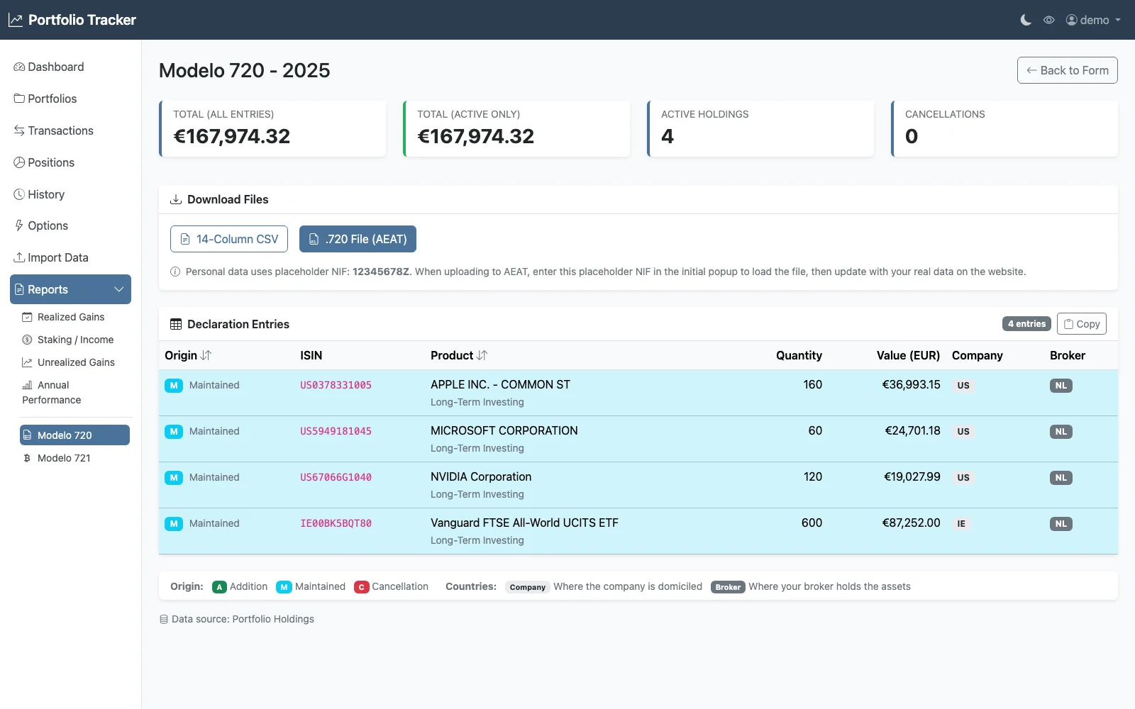 Modelo 720 results: four foreign holdings valued at 31 December with origin codes, company and broker countries, and download buttons for the CSV and .720 file