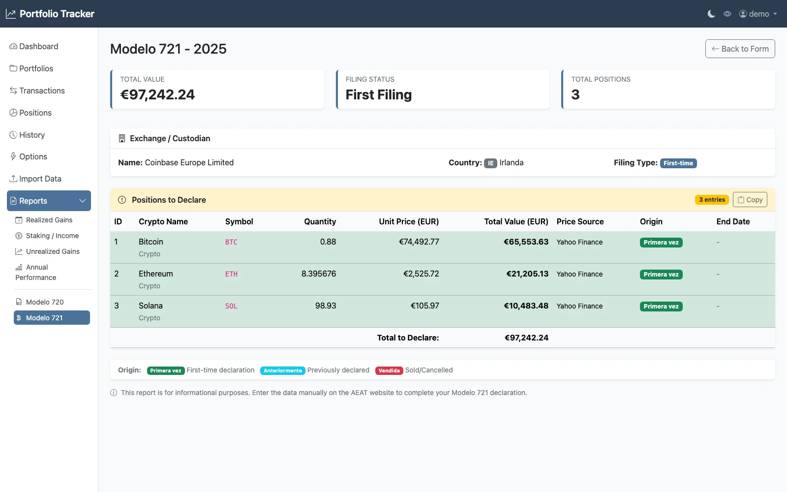 Modelo 721 results: Bitcoin, Ethereum and Solana balances at 31 December valued in euros, each marked as a first-time declaration