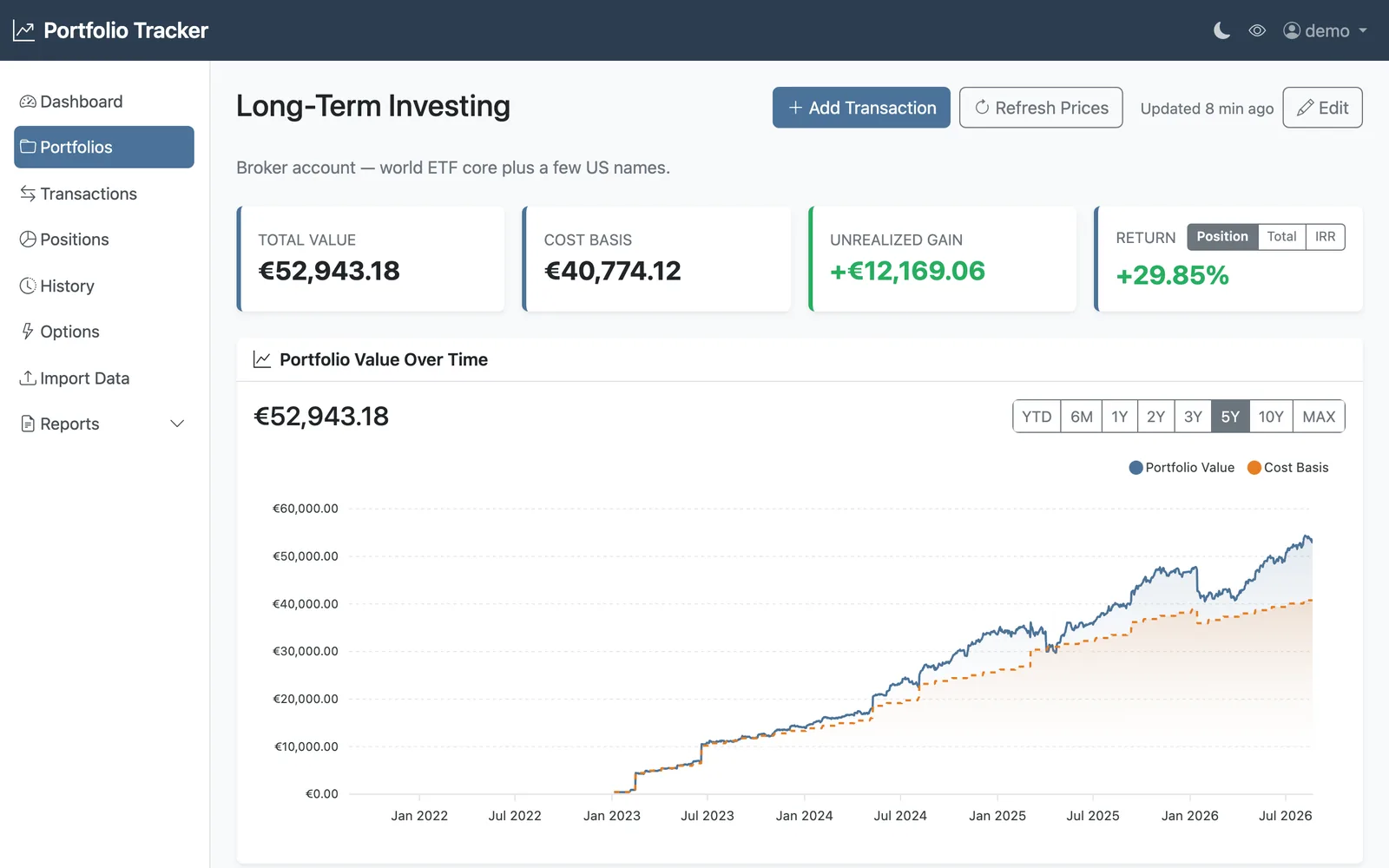 Portfolio page with value-over-time chart and +29.85% return