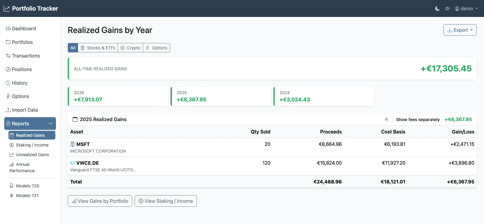 Realized Gains by Year report: all-time total, one card per year and the 2025 table of sales with proceeds, cost basis and gain